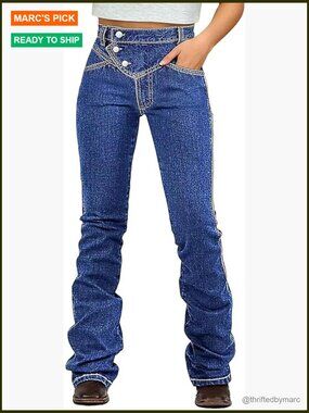 High Waist Bootcut Stretchy Denim Jeans with Button Up Detail